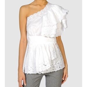 Catherine Malandrino Embroidered Eyelet Cotton One Shoulder Top, White in US 6